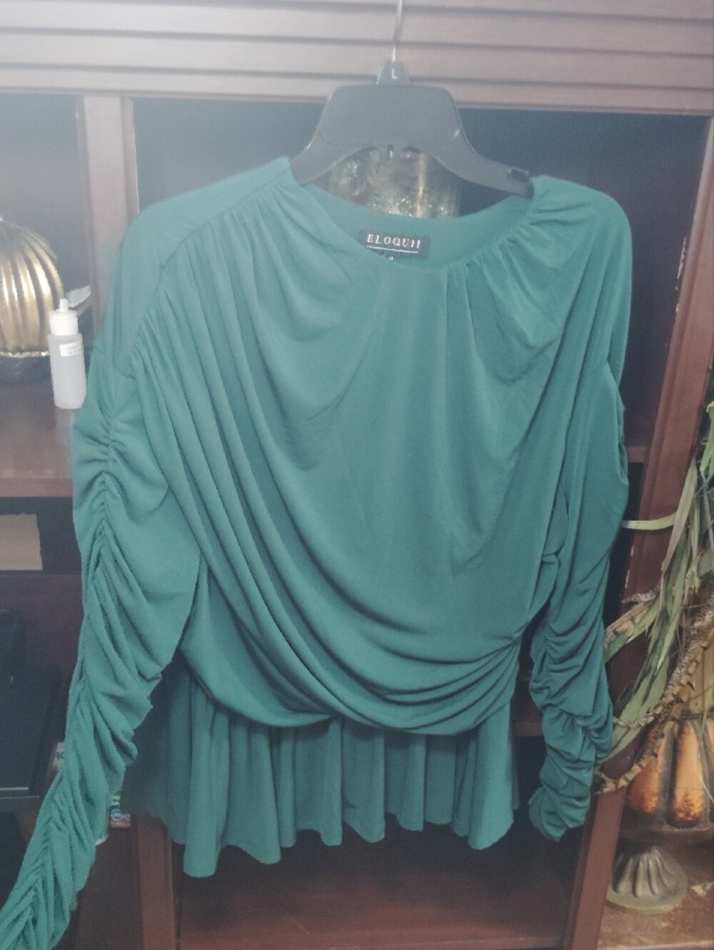 Eloquii Teal Ruched Peplum Long-Sleeve Top - Picture 2 of 6